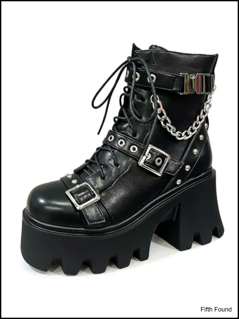 Platform Combat Boots - Gothic Chunky Heel Ankle Booties With Buckle Chain